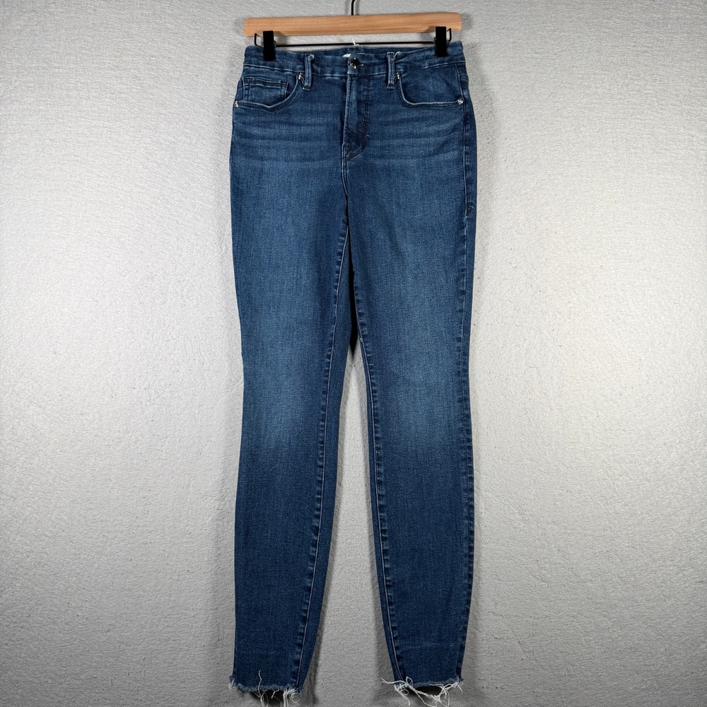 Good American Good Legs Skinny‎ Jeans Blue Dark Wash Raw Hem 8/29 GLRE873T